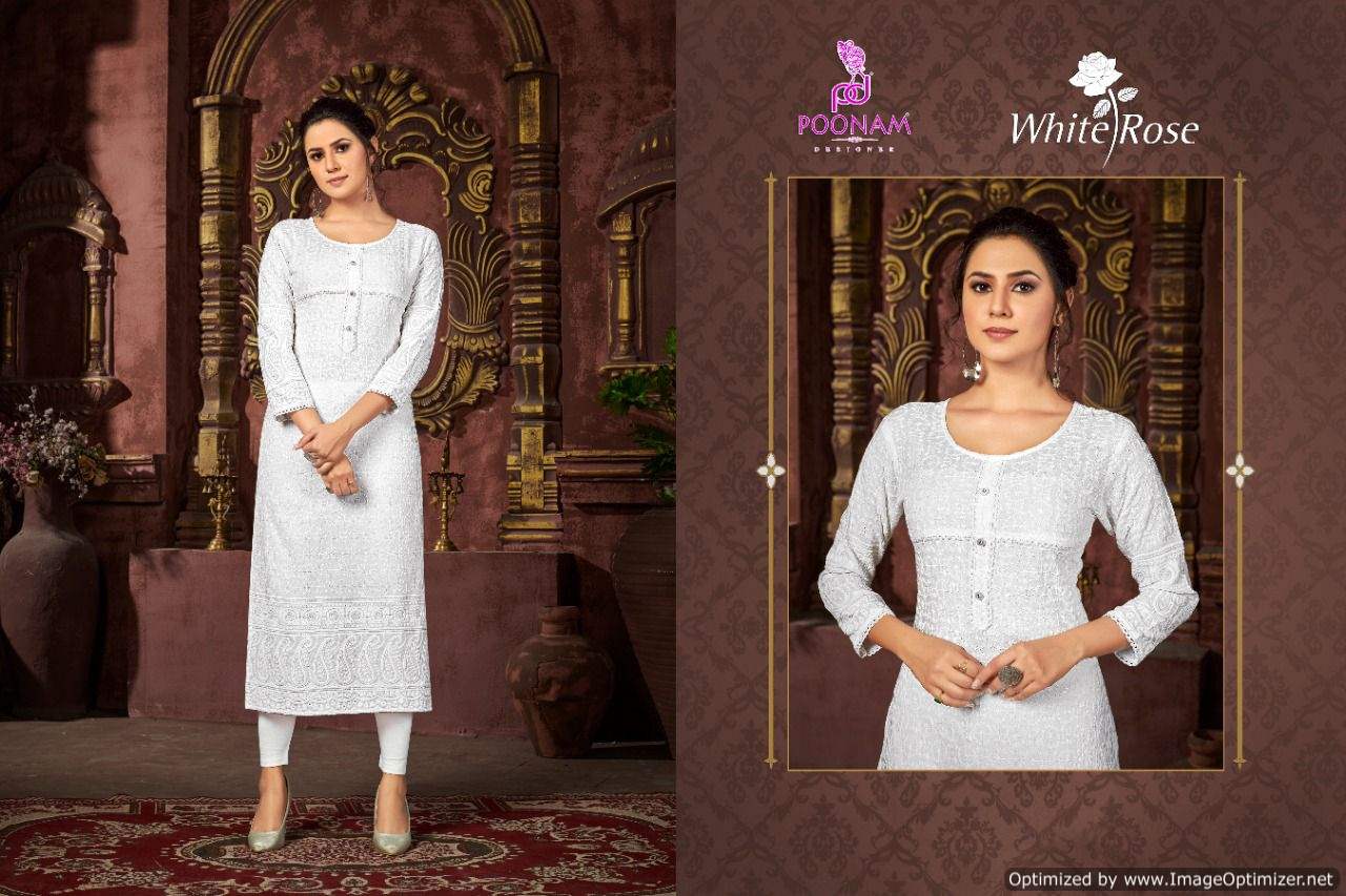 Poonam White Rose Regular Fancy Festive Wear Rayon Designer Kurti Collection